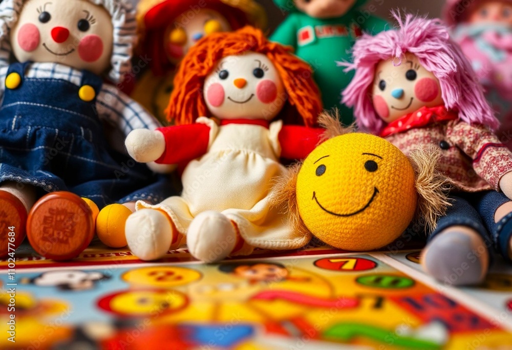 Various colorful rag dolls next to a board game, prepared to be given to children as gifts on the Three Kings' Day on January 6 Various colorful rag dolls next to a board game, prepared to be given to children as gifts on the Three Kings' Day on January 6