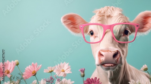 Cow wearing pink glasses surrounded by colorful flowers on a teal background, AI