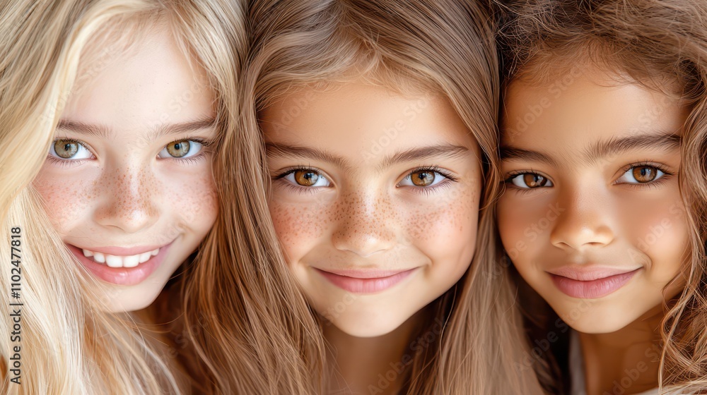 Close-up of three happy girls with diverse backgrounds showcasing beauty in bright, neutral tones Close-up of three happy girls with diverse backgrounds showcasing beauty in bright, neutral tones
