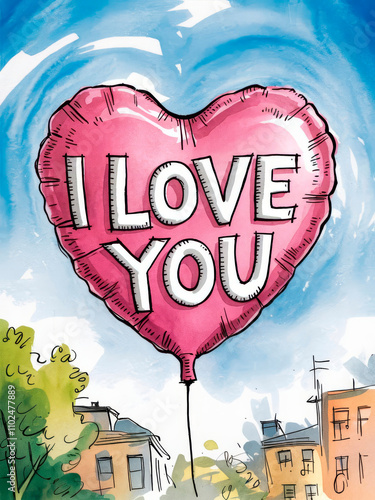 Watercolor illustration of a balloon with the inscription “I love you”