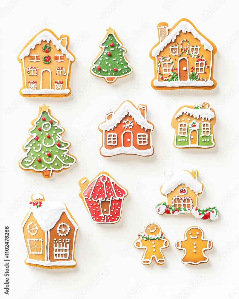 Christmas gingerbread cookies on a plate on a white marble table, top view, with decorations and green pine branches. Christmas gingerbread cookies on a plate on a white marble table, top view, with decorations and green pine branches.