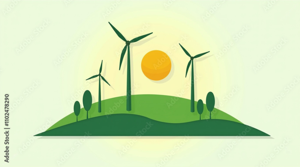 Fototapeta premium The Green Energy logo shows wind turbines and solar panels in a landscape of green hills with trees. Vector illustration