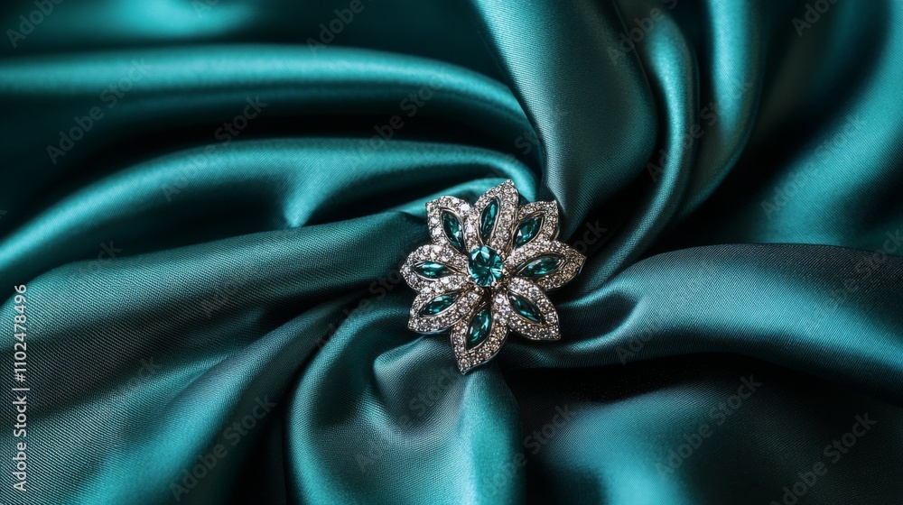 Elegant Floral Brooch on Soft Teal Satin Fabric Background Elegant Floral Brooch on Soft Teal Satin Fabric Background