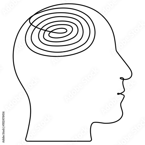 Head with order line thoughts continuous drawing line. Mental health concept. Unraveling thread of human thoughts. Psychotherapy work result. Vector illustration isolated on white.