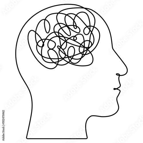 Head continuous line art drawing. Male head with confused thoughts. Depressed concept. Bad mental health linear symbol. Vector illustration isolated on white background.