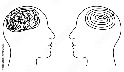 Mental health therapy concept. Two heads with chaos and order thoughts continuous line art drawn. Vector illustration isolated on white.