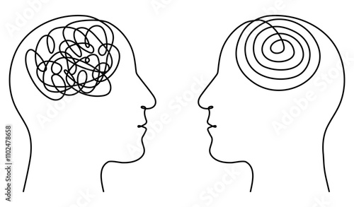 Mental health therapy concept. Two heads with chaos and order thoughts continuous line art drawn. Vector illustration isolated on white.