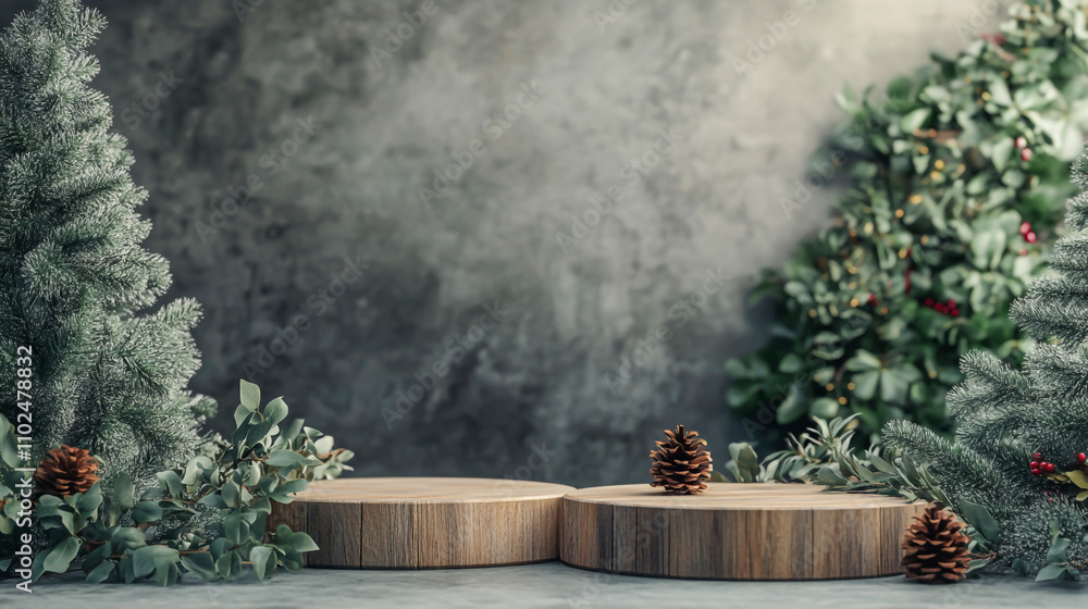 Christmas tree background with wooden podiums for product presentation, concrete wall, greenery, and pine cone decorations. Christmas tree background with wooden podiums for product presentation, concrete wall, greenery, and pine cone decorations.