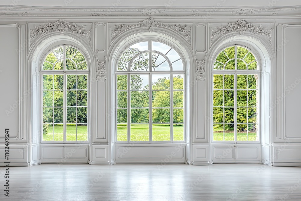 Stylish empty room in white color with summer landscape in window. Scandinavian interior design. Stylish empty room in white color with summer landscape in window. Scandinavian interior design.
