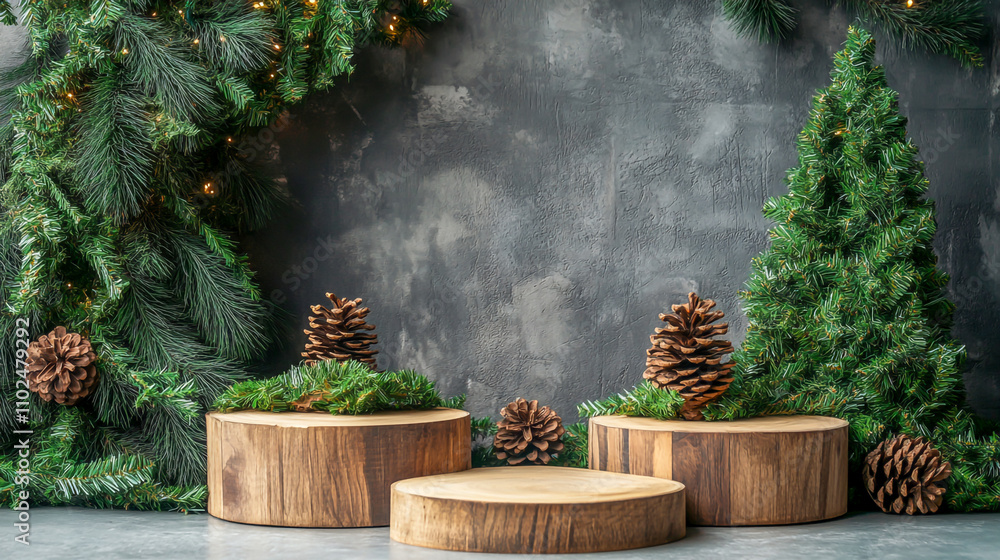 Fototapeta premium Christmas tree background with wooden podiums for product presentation, concrete wall, greenery, and pine cone decorations.