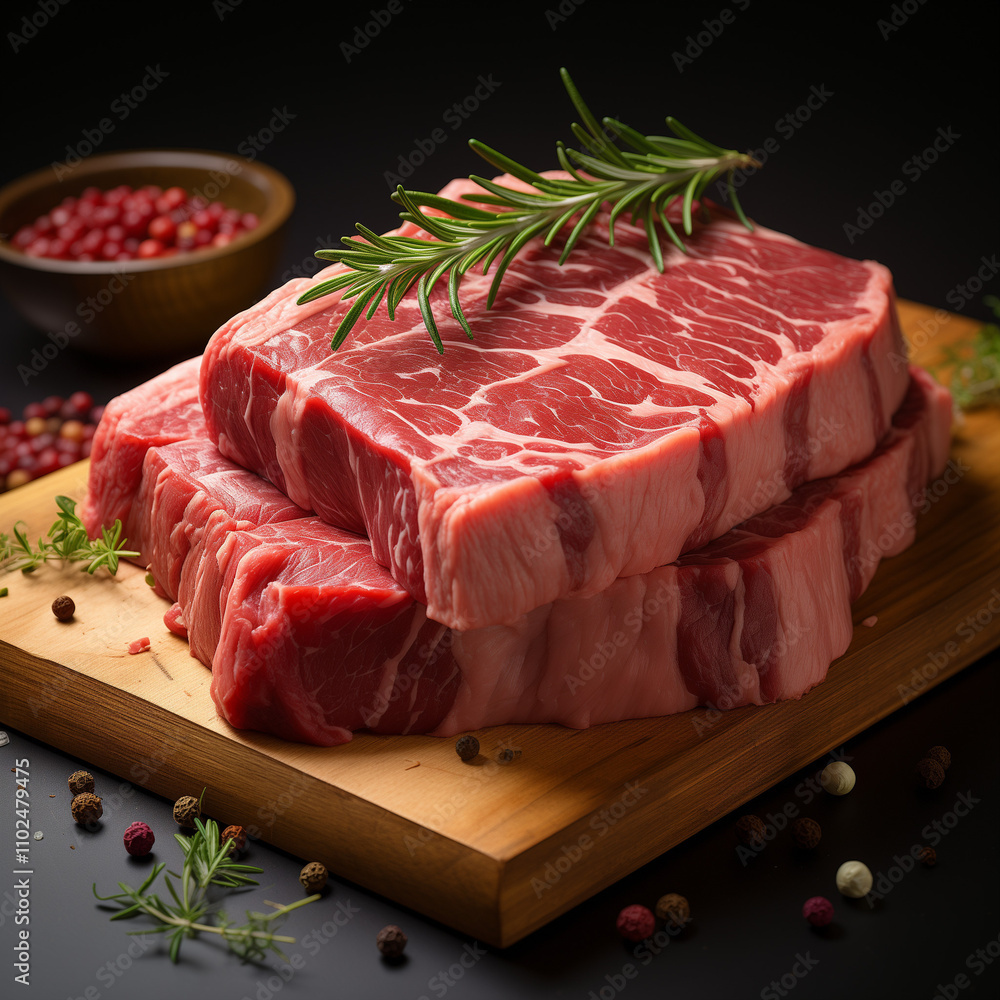 Fresh raw beef meat steaks with rosemary on a wooden cutting board, surrounded by spices Fresh raw beef meat steaks with rosemary on a wooden cutting board, surrounded by spices