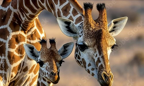 Baby Giraffe Standing Beside Its Protective Mother in the Natural Beauty of the Wild Savanna