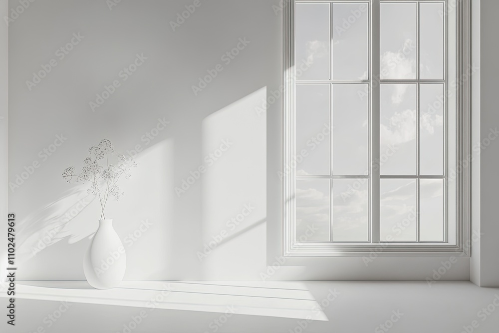 Stylish empty room in white color with summer landscape in window. Scandinavian interior design. Stylish empty room in white color with summer landscape in window. Scandinavian interior design.