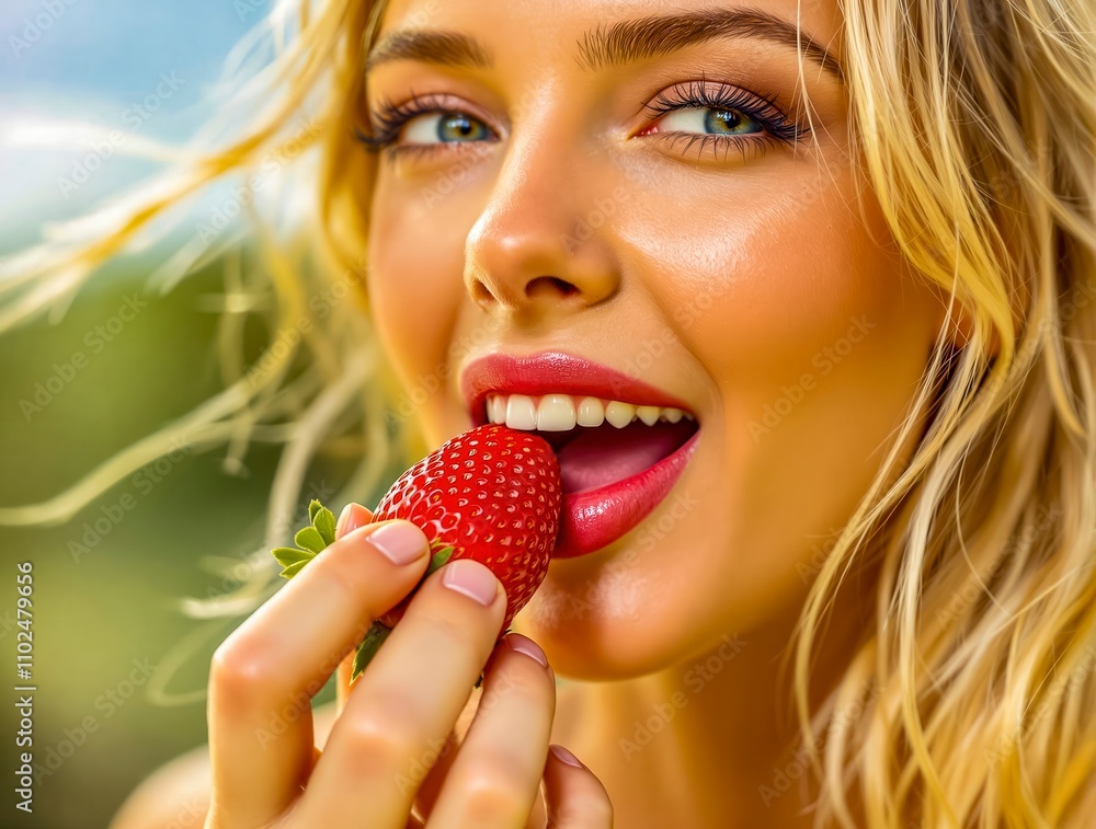Close-up of a Woman Enjoying Fresh Strawberries Outdoors During Golden Hour Close-up of a Woman Enjoying Fresh Strawberries Outdoors During Golden Hour