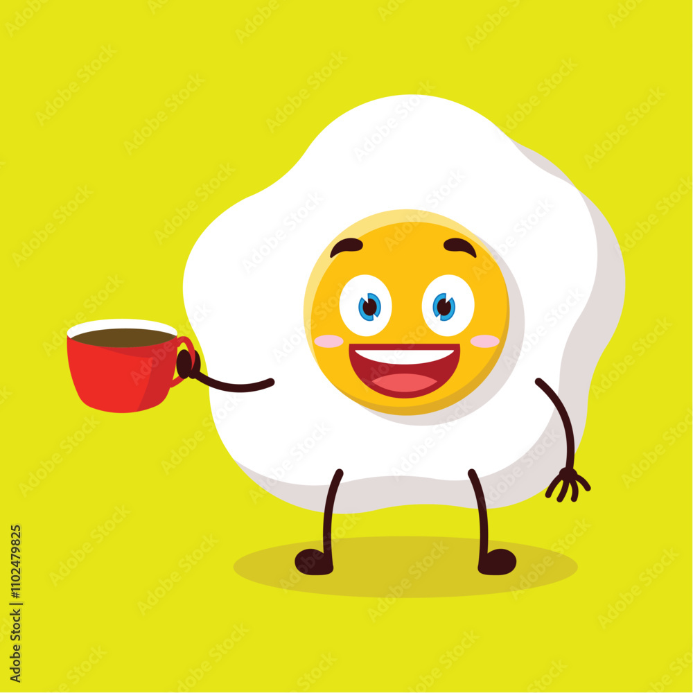Obraz premium cute cheerful expression of fried egg cartoon character carry cup of coffee