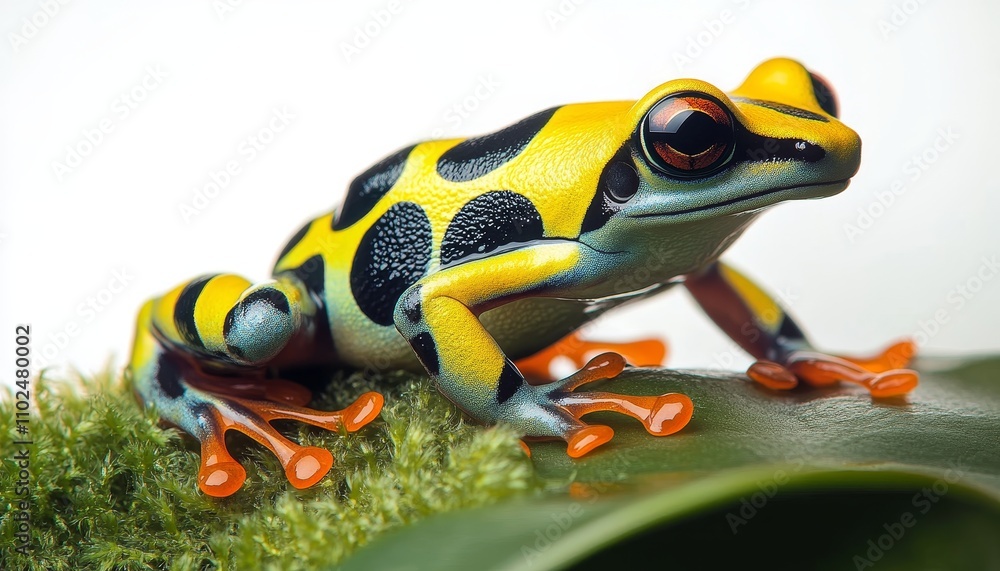 Vibrant Yellow-Banded Poison Dart Frog, High-Resolution, Isolated, Perched on Mossy Leaf