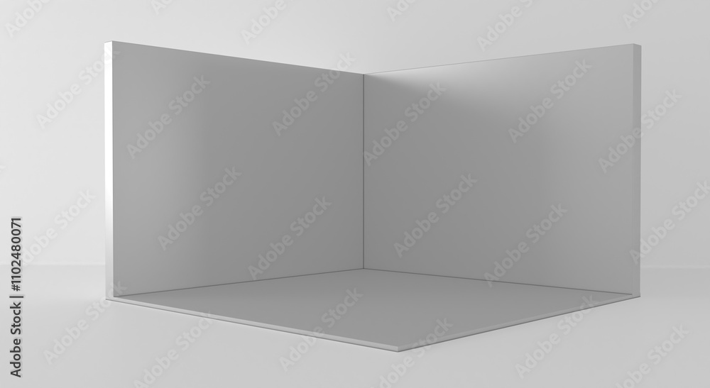 Fototapeta premium Booth 3d corner. Square corner. 3D exhibition booth. Showroom. Empty geometric square. Blank box template. White blank exhibition stand. Presentation event room.