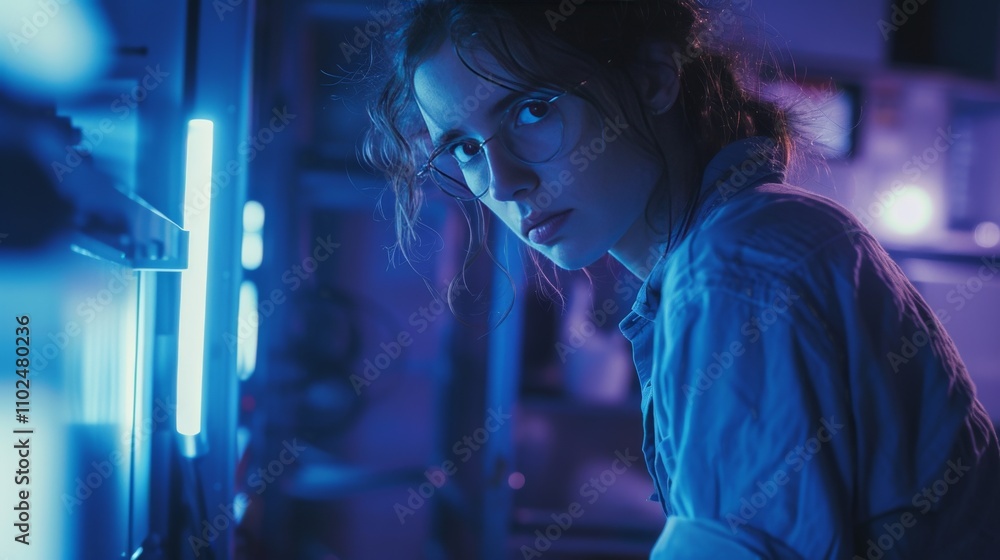 A young woman intensely focused while working with electronic equipment in a darkened lab. The blue lighting enhances the tech-focused atmosphere, emphasizing precision and concentration. AI generated A young woman intensely focused while working with electronic equipment in a darkened lab. The blue lighting enhances the tech-focused atmosphere, emphasizing precision and concentration. AI generated