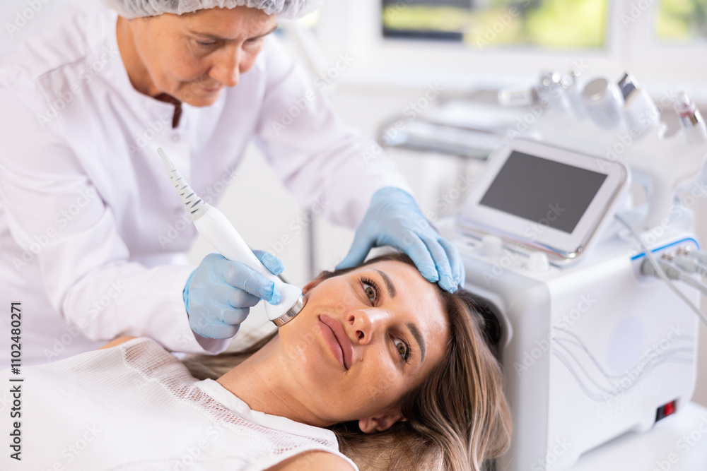 Obraz premium Young female patient receiving facial procedure with high frequency ultrasonic vibration attachment to enhance efficacy of skincare products and improve skin texture. Modern hardware cosmetology