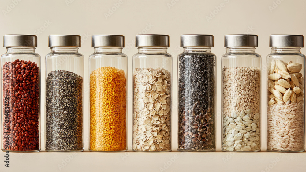 Assorted grains and seeds in jars on a shelf. Assorted grains and seeds in jars on a shelf.