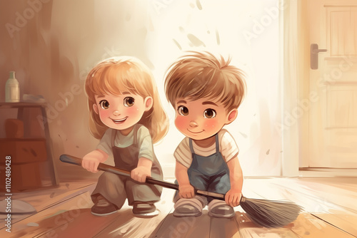 Children book illustration, two cute funny children, brother and sister helping and doing housework. Girl and boy holding a broom for sweeping.