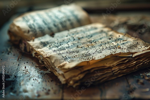 vintage music sheets lying on a wooden surface. The paper has turned yellow from time to time, is torn and stained, which gives the image an atmosphere of antiquity and history.  