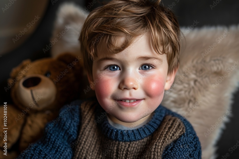 Happy Little Boy, with Rosy Cheeks and Big Smile, Sitting With His Teddy Bear on a Cozy Blanket Happy Little Boy, with Rosy Cheeks and Big Smile, Sitting With His Teddy Bear on a Cozy Blanket