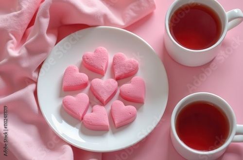 heart shaped candies on a white plate next to two cups of tea on a delicate pink table background. Valentine's Day concept photo