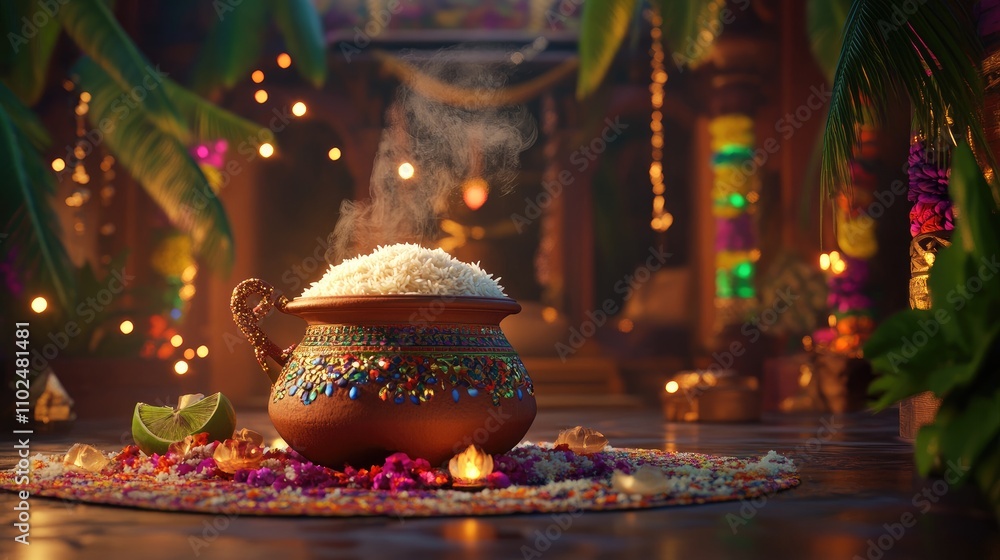 Steaming rice in ornate pot, festive temple setting. Steaming rice in ornate pot, festive temple setting.