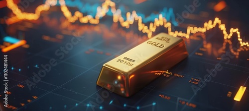 Gold Bar on Business Background with Charts, Trading Investment, Financial Concept. 3D Illustration