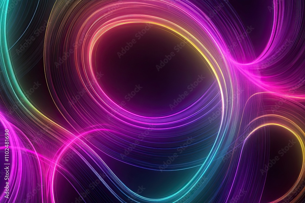 neon color circles round curve shape with wavy dynamic lines isolated on black background technology concept neon color circles round curve shape with wavy dynamic lines isolated on black background technology concept