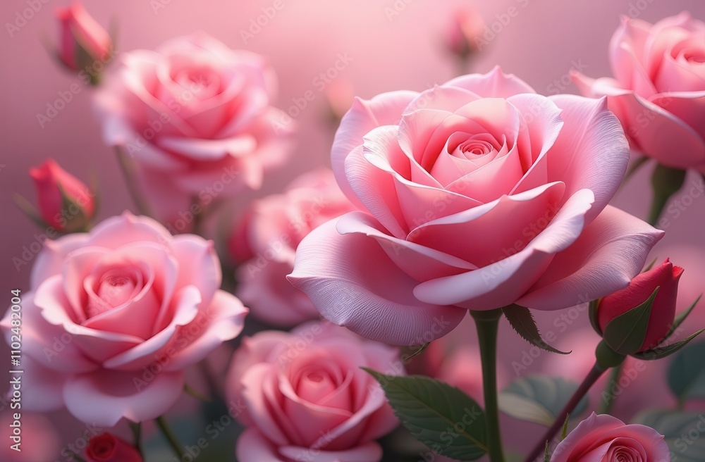 Fototapeta premium Composition of delicate pink roses on a pink background. Screensaver.