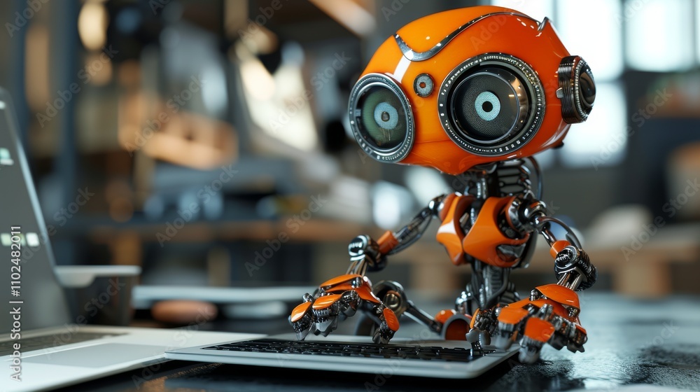 A small orange robot focuses on typing on a keyboard, surrounded by modern technology, representing AI in a digital office. AI generated. A small orange robot focuses on typing on a keyboard, surrounded by modern technology, representing AI in a digital office. AI generated.