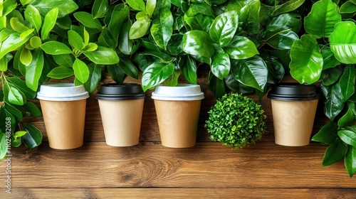 Coffee cups among lush green leaves.