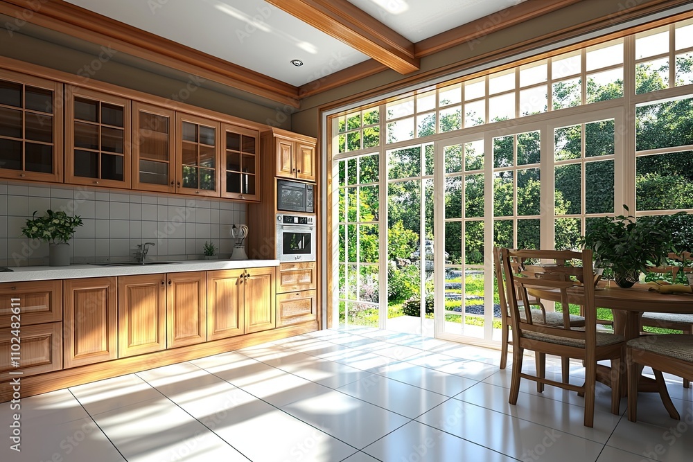 Modern style wooden kitchen with nature view 3d render,The rooms have white tile floors, Big windows overlooking a large garden, sunlight into the room. Modern style wooden kitchen with nature view 3d render,The rooms have white tile floors, Big windows overlooking a large garden, sunlight into the room.