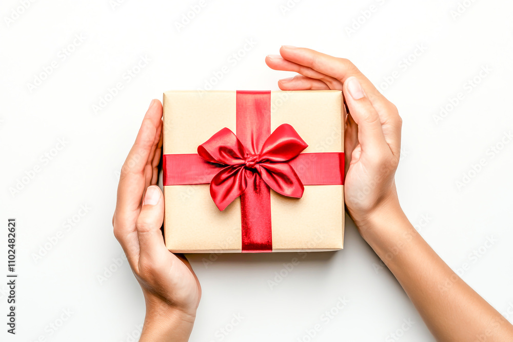 Close-up of hands giving and receiving a gift box with a red ribbon on a white background, top view. Close-up of hands giving and receiving a gift box with a red ribbon on a white background, top view.