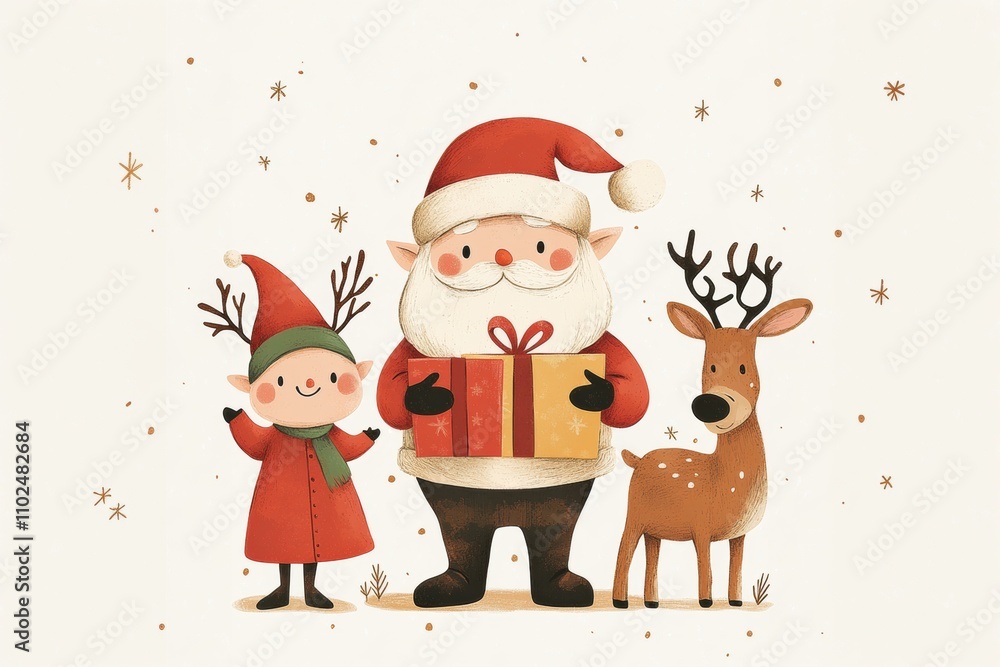 A Santa, elf, and reindeer illustration standing in a horizontal line holding presents, minimal nordic style, minimal colours, brown, red, white, nordic aesthetic. A Santa, elf, and reindeer illustration standing in a horizontal line holding presents, minimal nordic style, minimal colours, brown, red, white, nordic aesthetic.