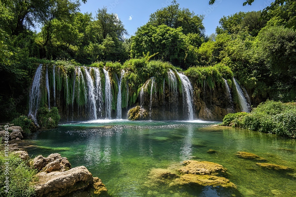 Lush green waterfall cascades into clear pool. Lush green waterfall cascades into clear pool.