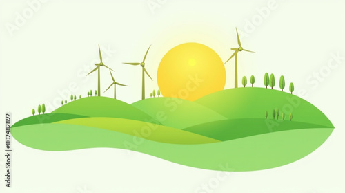 The Green Energy logo shows wind turbines and solar panels in a landscape of green hills with trees. Vector illustration