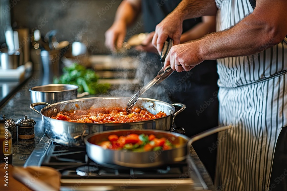Chef preparing steaming tomato sauce in pan. Chef preparing steaming tomato sauce in pan.