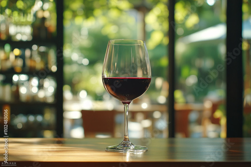 A wine glass is sitting on a wooden table with a view of a patio