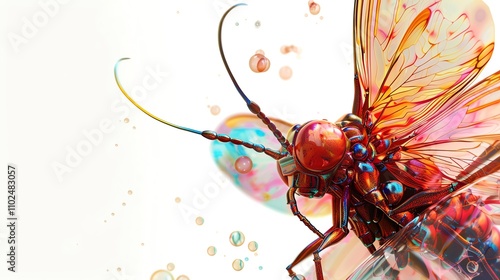 Close-up of a colorful, iridescent insect with wings, rendered with an abstract and surreal style. photo