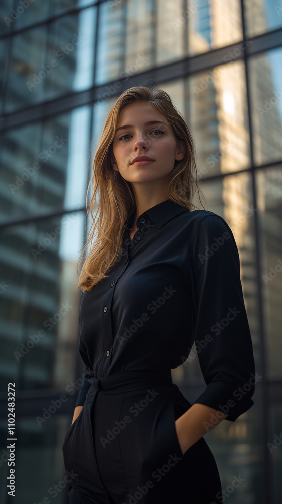 A woman in a black dress stands in front of a building A woman in a black dress stands in front of a building