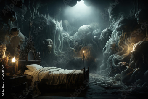 dark and mysterious bedroom filled with heavy, seething, foggy formations that take the forms of various fantasy creatures and faces.   photo