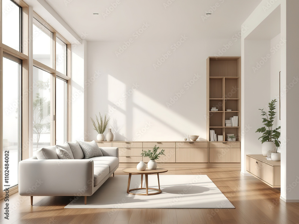 This minimalist living room features a comfortable sofa, a stylish coffee table, and a built-in bookcase. Large windows bathe the space in natural light, highlighting the clean lines and neutral color This minimalist living room features a comfortable sofa, a stylish coffee table, and a built-in bookcase. Large windows bathe the space in natural light, highlighting the clean lines and neutral color