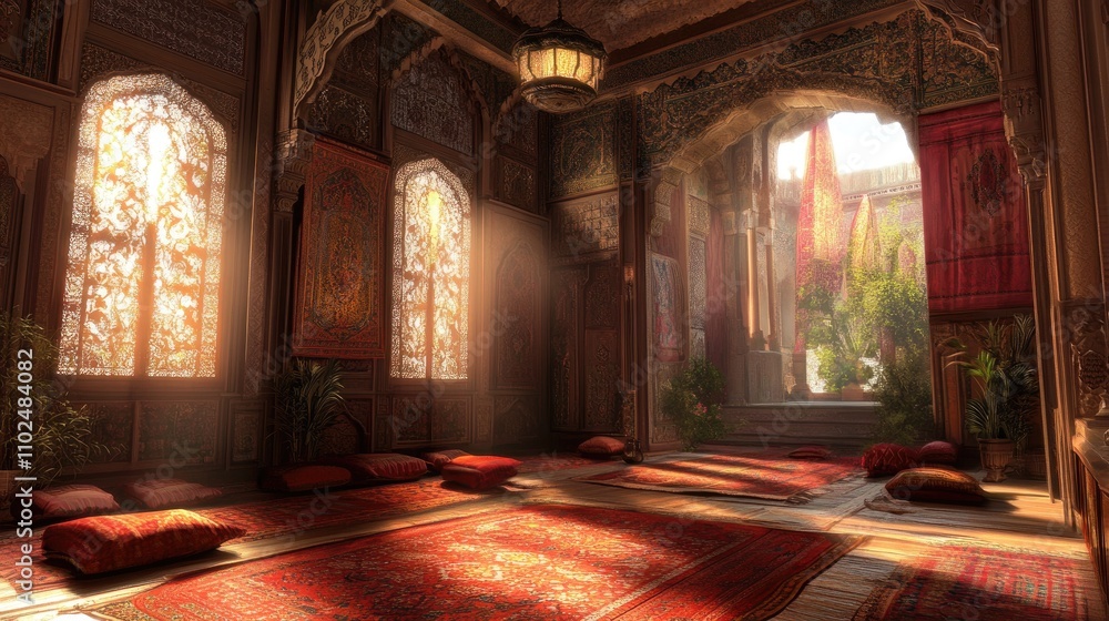 Obraz premium Sunlit interior of an ornate Middle Eastern room with arched windows, tapestries, and cushions on the floor.