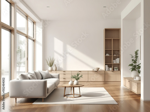 This minimalist living room features a comfortable sofa, a stylish coffee table, and a built-in bookcase. Large windows bathe the space in natural light, highlighting the clean lines and neutral color