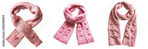 Pink knitted scarves with heart-shaped patterns isolated on a white background, png