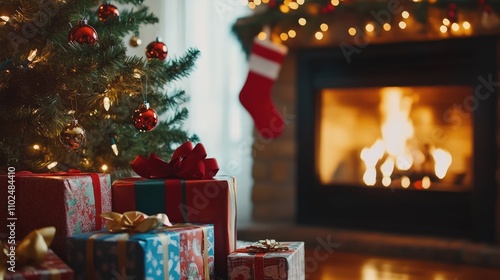 Cozy living room with a fireplace, decorated illuminated Christmas tree, garland lights and colourful gift boxes