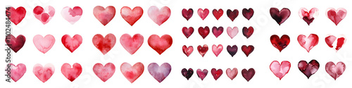 Set of watercolor heart illustrations in varying red and pink shades, symbolizing love and romance, isolated on a white background, png